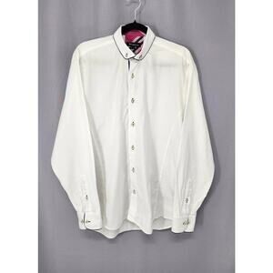 Maceoo Dress Shirt Mens Large White Long Sleeve Contrast Trim Plaid Cuffs Detail